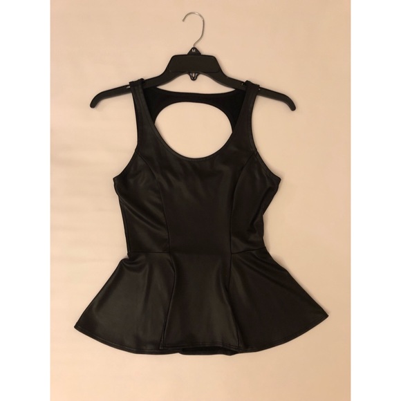 Black Vegan Leather Open Back Peplum Style Top XS - Picture 2 of 8